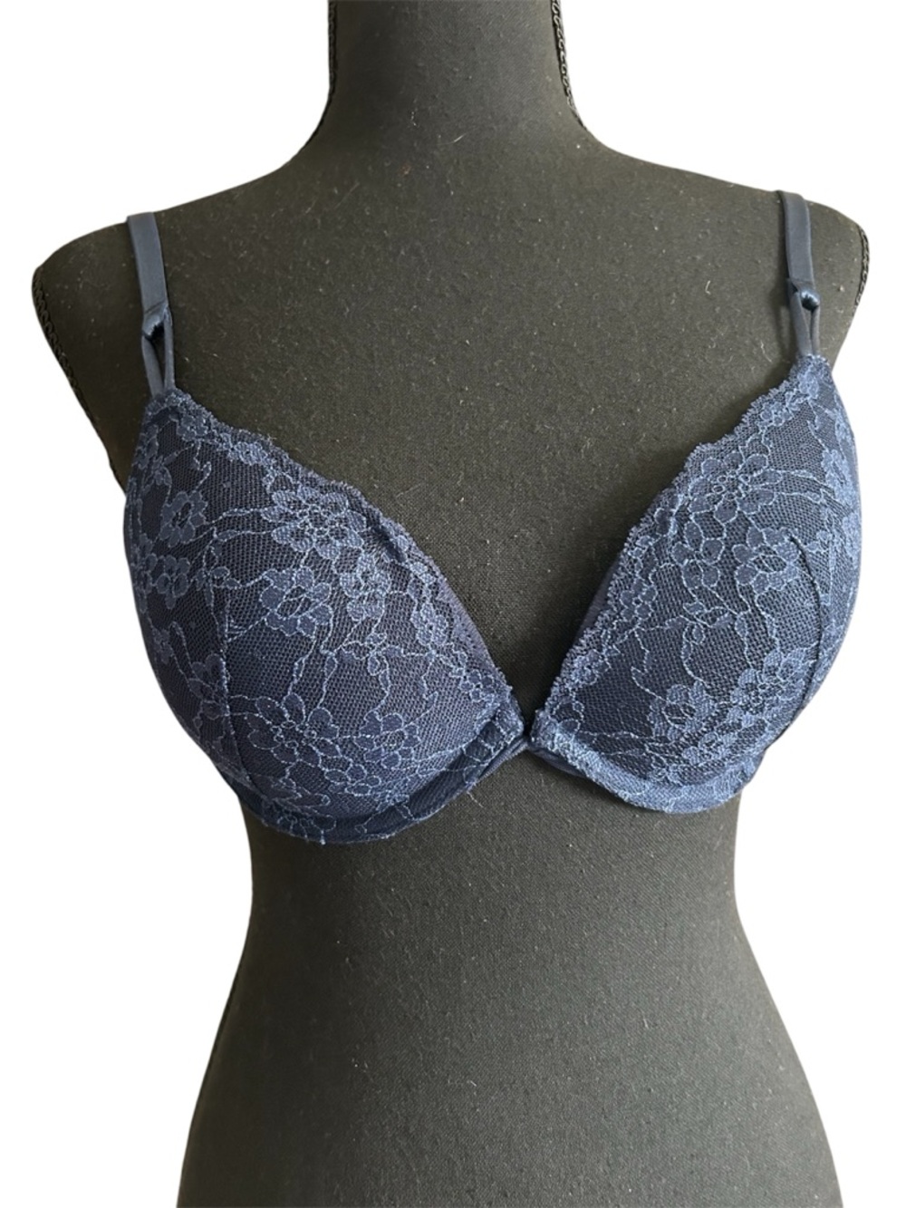 Victoria’s Secret Navy Blue Lace Push Up Underwire Bra Floral Padded 34C